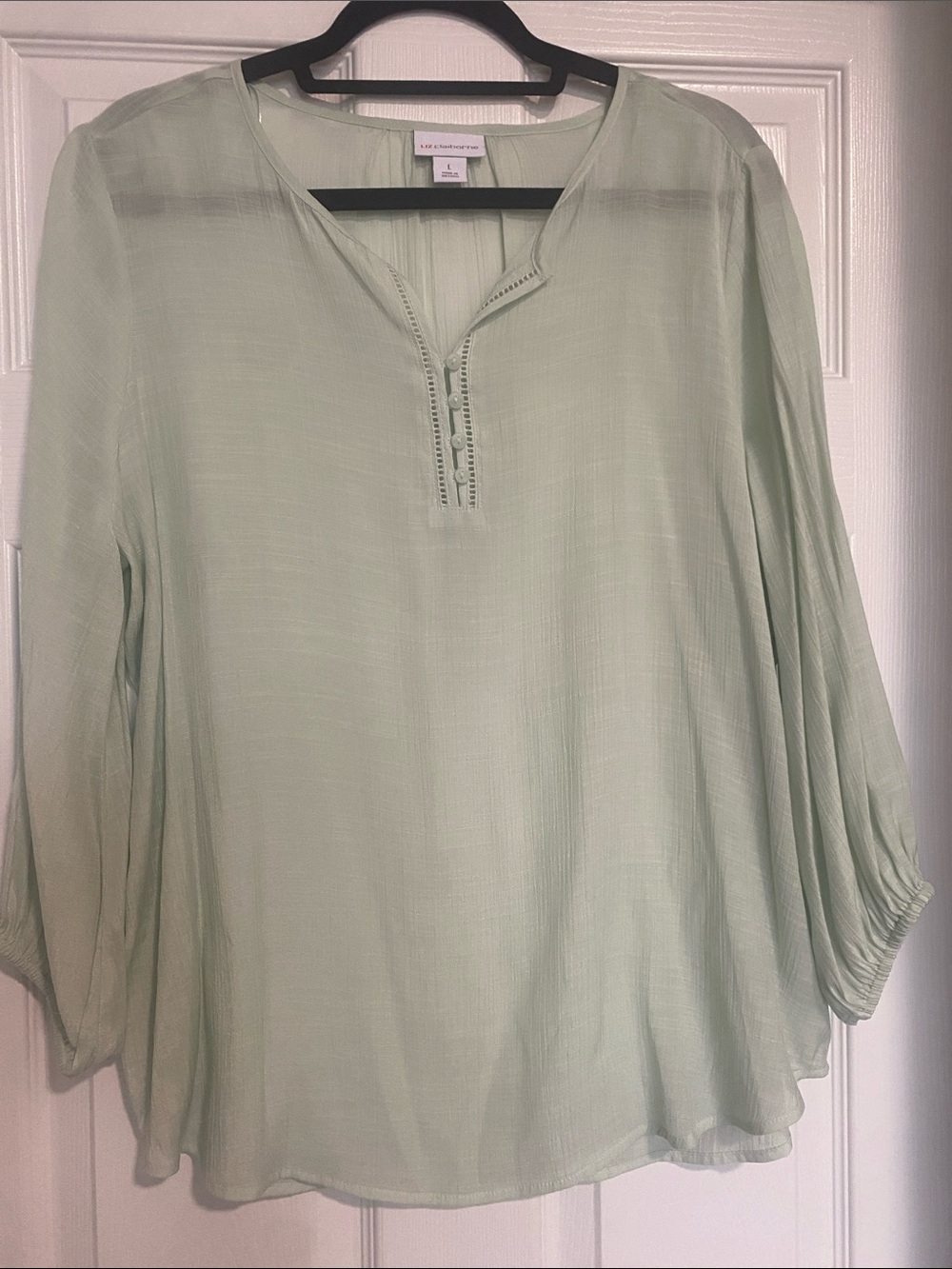 Liz Claiborne Sea Foam Green Sheer Button Front Peasant-Style Blouse Sz Large - Picture 9 of 12